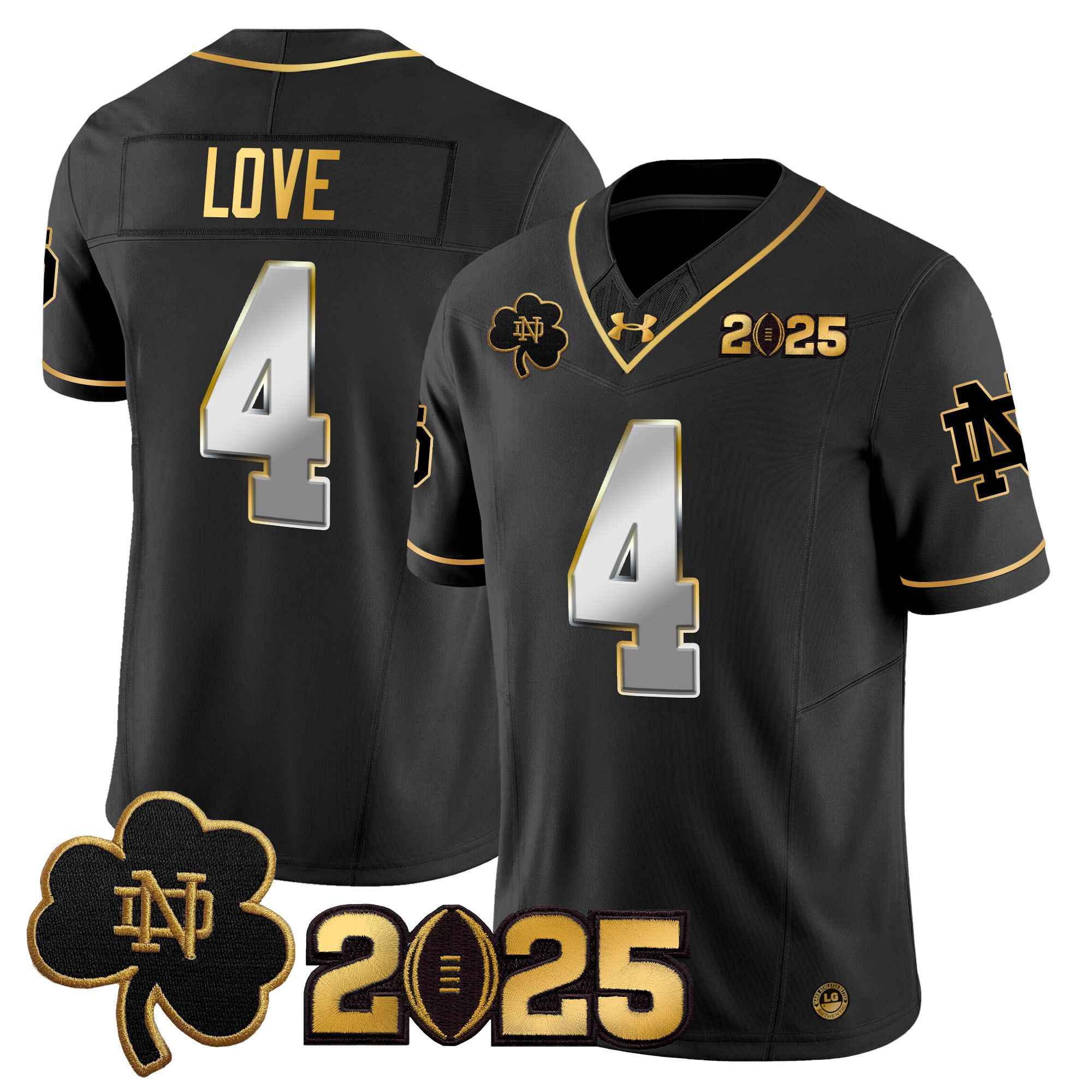 Men Notre Dame Fighting Irish #4 Love Black 2025 CFP Final Patch Gold Vapor Limited NCAA Jersey style 2